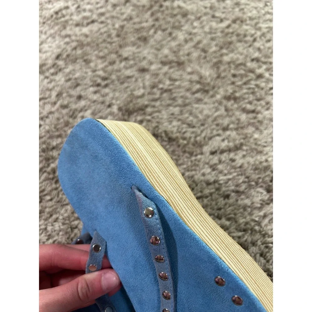 Blue Faux Suede Studded Platform Sandals Wedge Flip Flops Festival Western 8